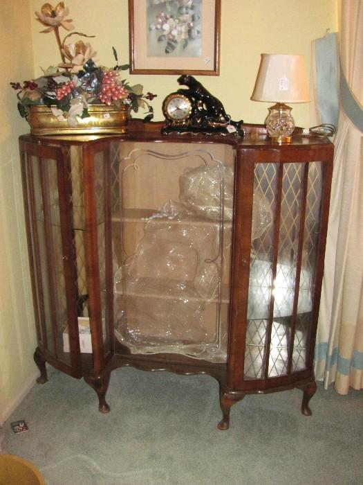 Glass curio (one pane of glass is cracked-easily replaced)