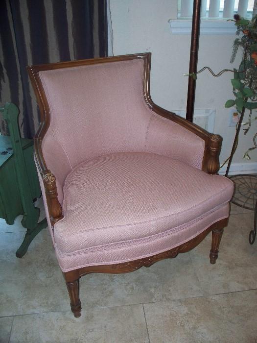 Pink Upholstered Chair with Wood Trim