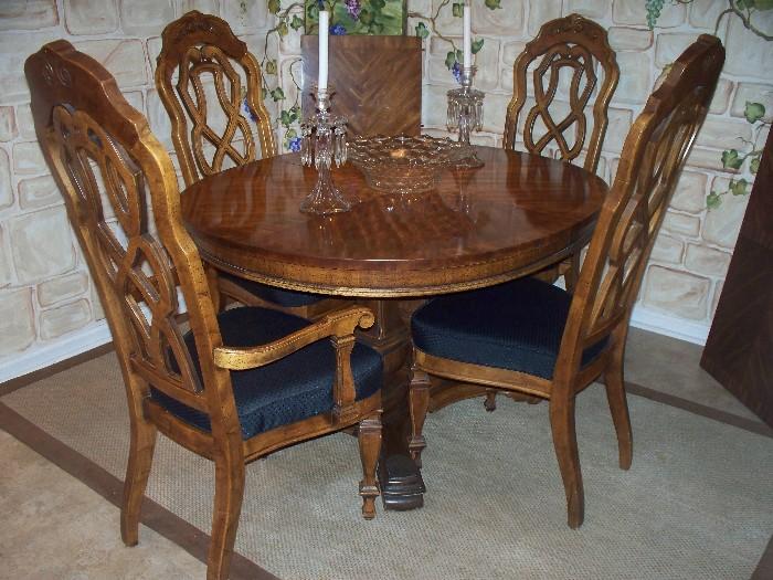 Dining Room Table, 4 Chairs, 2 Extensions - Blue Fabric