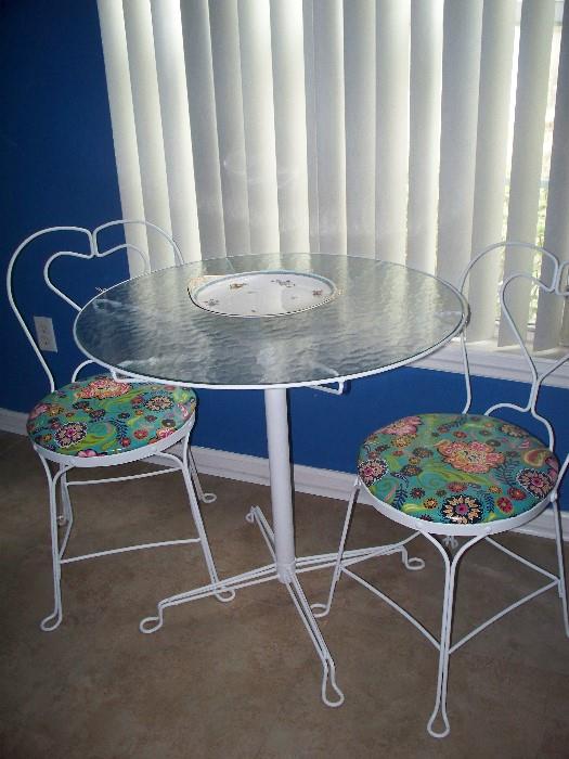 Hairpin glass Top Table with 2 Upholstered Chairs