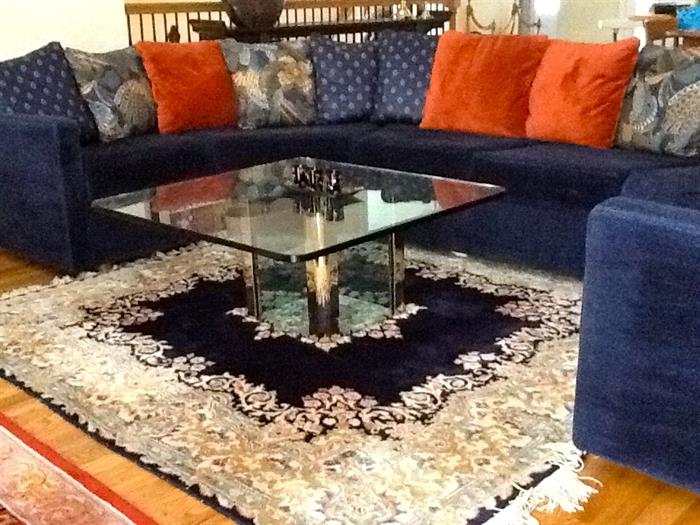 Selig sectional sofa, square glass top cocktail table, fine Persian style rug approx 80" square