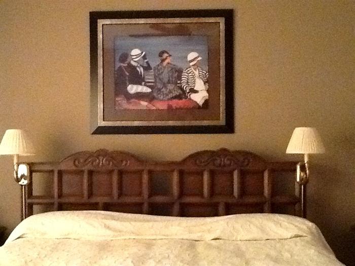 Framed print.  Pair of wall lamps.