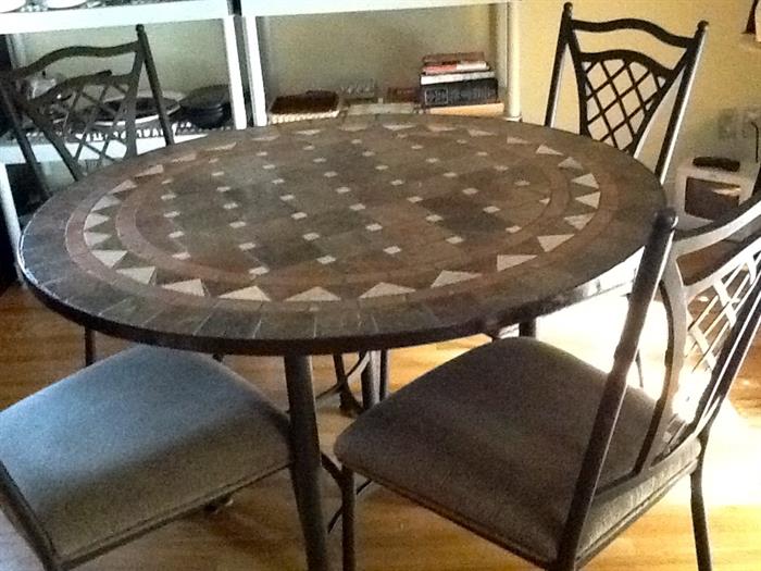 Mosaic top dinette table, metal base and 4 chairs