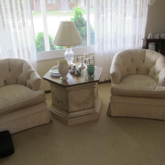 PRISTINE LOVELY MATCHING CHAIRS, ALSO GORHAM STERLING SILVER CANDLE STICKS