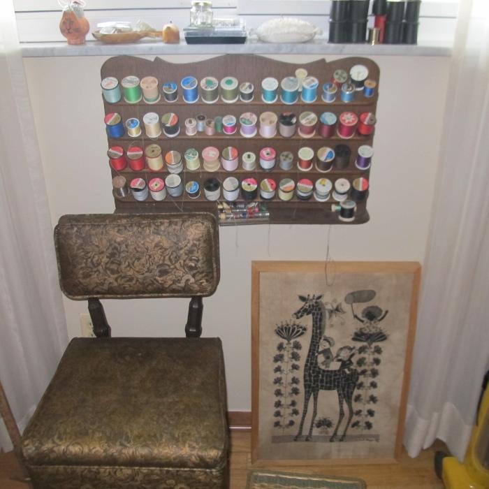 LOTS OF SEWING THRED AND A VINTAGE SEWING CHAIR