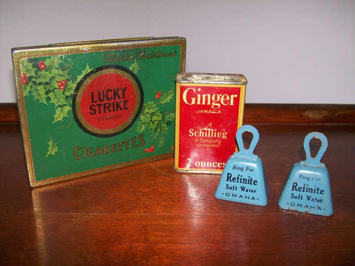 EARLY CIGARETTE/SPICE TINS, OMAHA REFINITE SOFT WATER BELLS