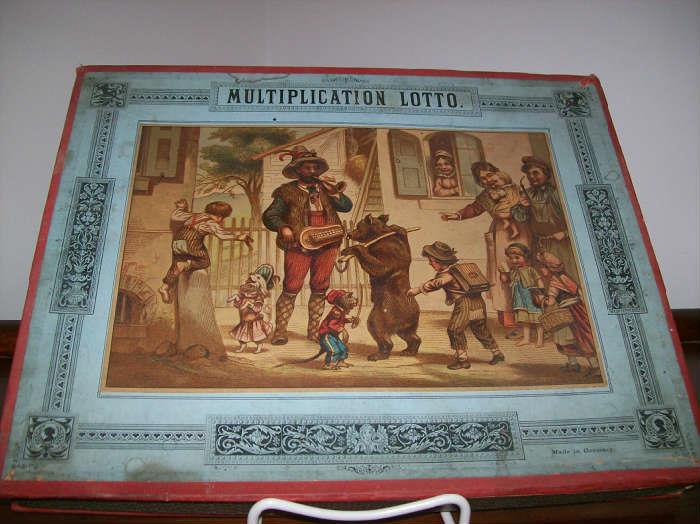 EARLY GERMAN MULTIPLICATION LOTTO GAME, BOX GRAPHICS ARE GREAT!!!!