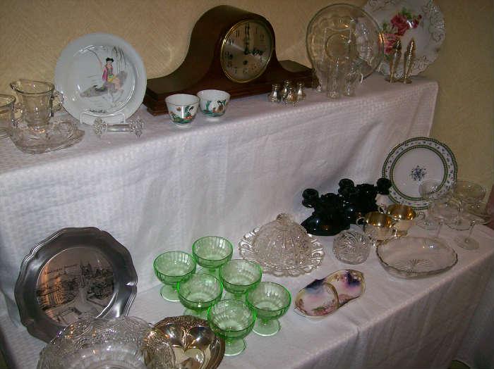 DEPRESSION GLASS, CHINESE CHINA, LIMOGES, BLACK AMETHYST CANDLE HOLDERS, HERSCHED MANTLE CLOCK