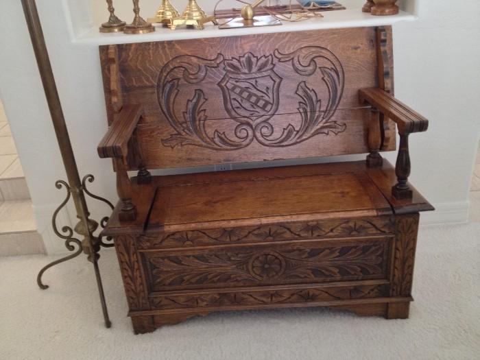 Hand Carved Wood Bench/Table w Added Storage