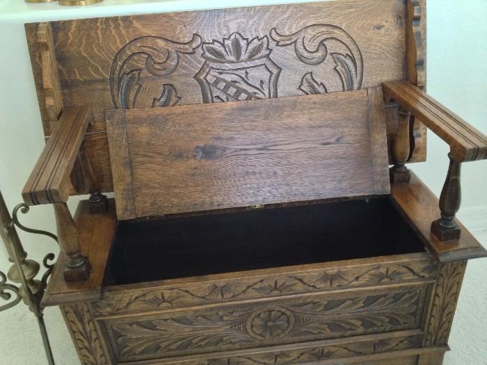 Hand Carved Wood Bench/Table w Added Storage