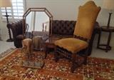 Tufted Nailhead Sofa w Round Wooden Feet, Baker Furniture Nailhead Chair, Octagonal Mirror, Made in Italy Wine Rack, Decorative Elephant