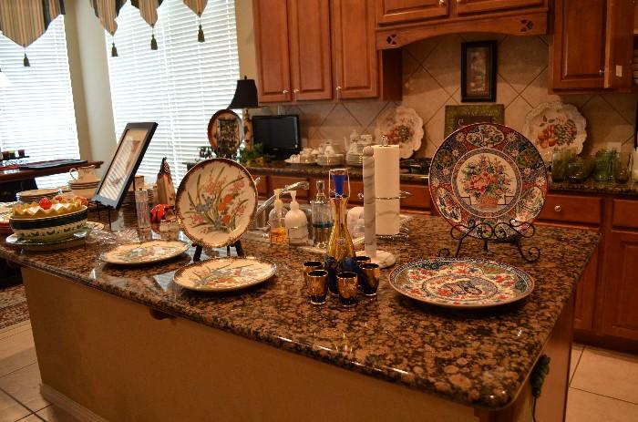 Kitchen decorative chargers, Italian handblown and painted cobalt decanter and glasses