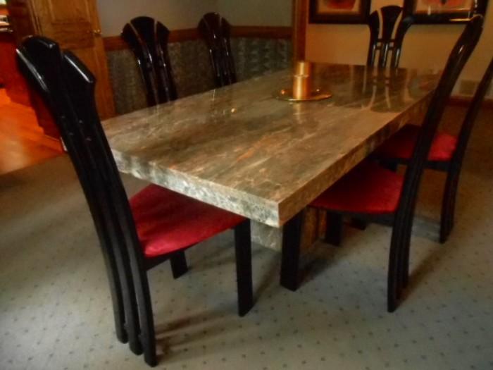 Marble Dining Table size is 80x40 Set in a swuare marble base, base is four sided and hollow for ease of moving base is NOT attached to top so a few strong men and it has a new home