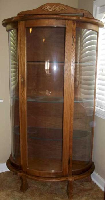 GREAT OAK BOW FRONT GLASS CHINA CABINET ~ OF RECENT PRODUCTION, WITH MIRROR INSET AT TOP