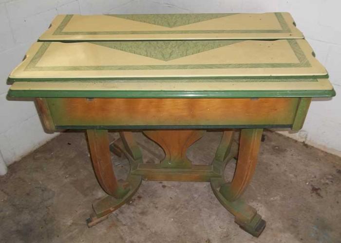 NEAT EXAMPLE OF ART DECO ERA KITCHEN TABLE WITH GREEN & CREAM PORCELAIN ENAMEL TOP ~ SIDE EXTENSION LEAVES NEED TO BE REATTACHED