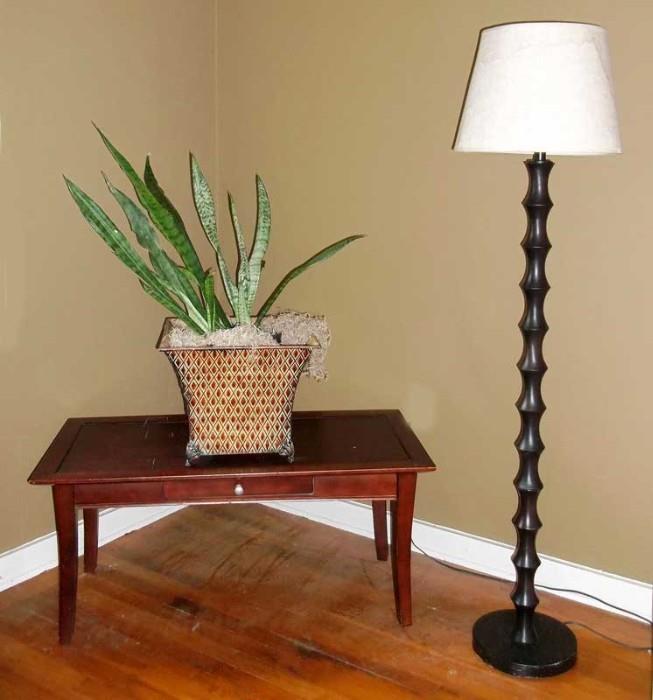 NEAT WOOD COFFEE TABLE WITH DRAWER ~ CONTEMPORARY FLOOR LAMP ~ LIVE PLANT IN UNIQUE METAL PLANTER