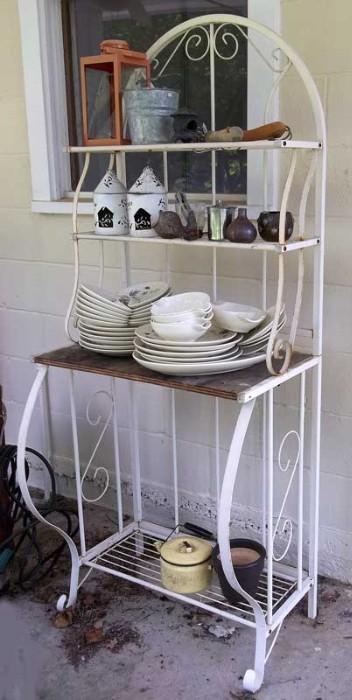 IRON BAKERS RACK ~ SET OF OLD DISHES ~ LANTERNS ~ POTTERY WHIMSIES