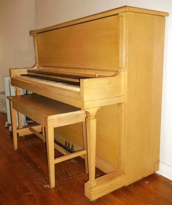 GREAT OLDER BALDWIN FULL SIZE UPRIGHT PIANO WITH BLONDE FINISH ~ MATCHING STOOL ~ LAST SERVICE BY PIANO TUNER IN MAGNOLIA, MS IN 1976