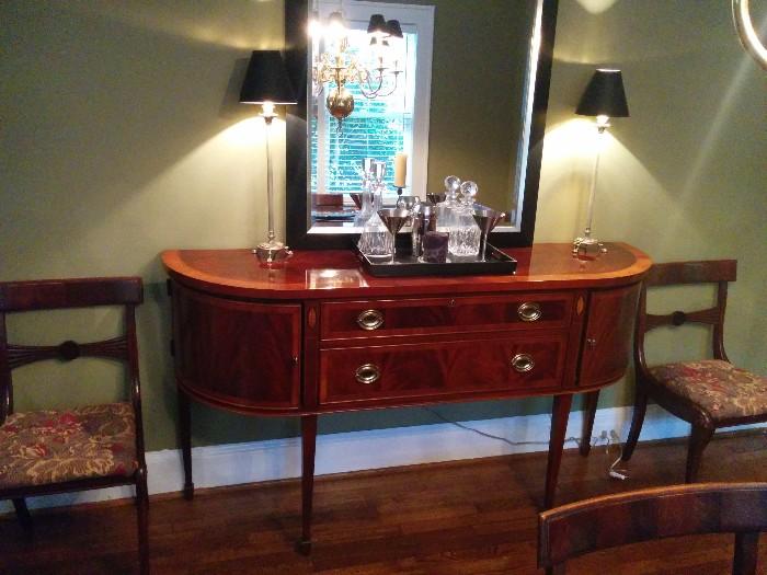 Hekman mahogany banded sideboard; cost $3,600.00 in 2002; Signed Tiffany decanter on tray