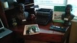 Cool 1960's, mid-century busts of MLK, Jr. & JFK, along with JFK books and album of MLK's walk on Washington. Also, vintage Royal typewriter, 1930, veined marble magnetic double pen holder.