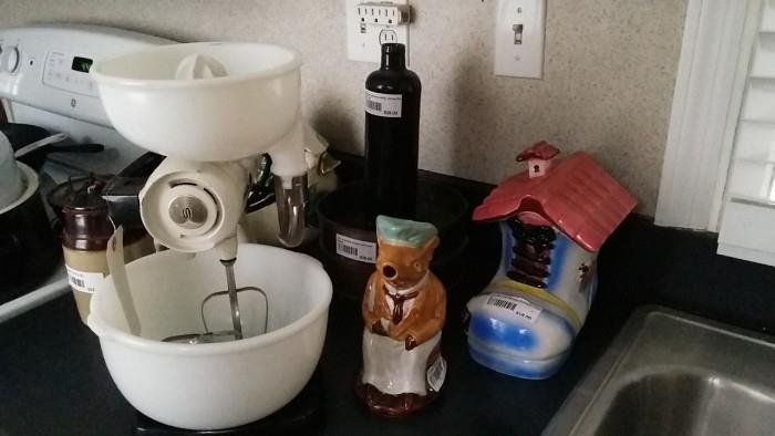 Vintage Sunbeam mixer, piggy creamer, Old Mother Hubbard cookie jar, old crockery items