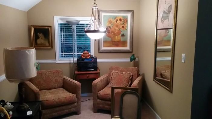 Pair of nicely upholstered armchairs, original oil painting with a little T & A, well, no A, antique heart pine Shaker-style side table, Asian Trumeau mirror, component stereo system