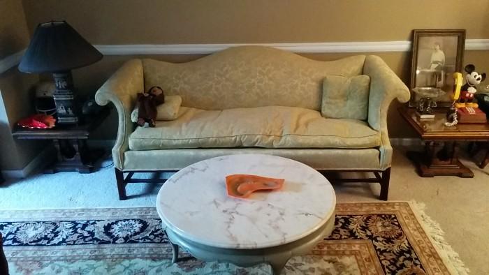 Down-filled cushion couch, with great fabric, "Frenched" coffee table, with nicely veined marble top, hand-woven, 100% wool rug, Mickey Mouse telephone, pair of 70's end tables