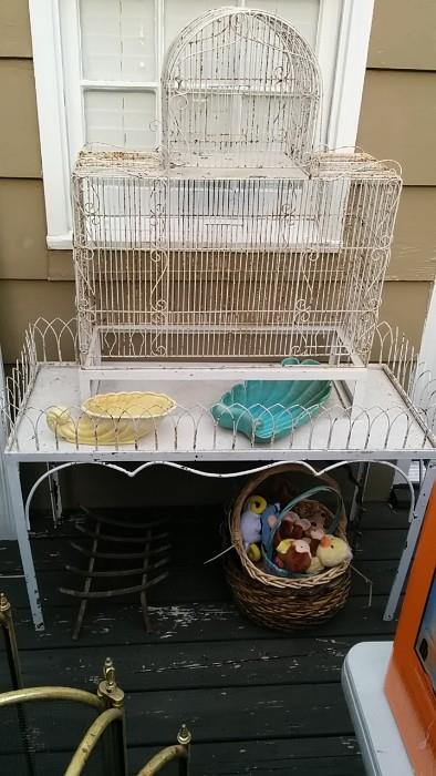 Cool, vintage wire birdcage & stand, 1950's pottery