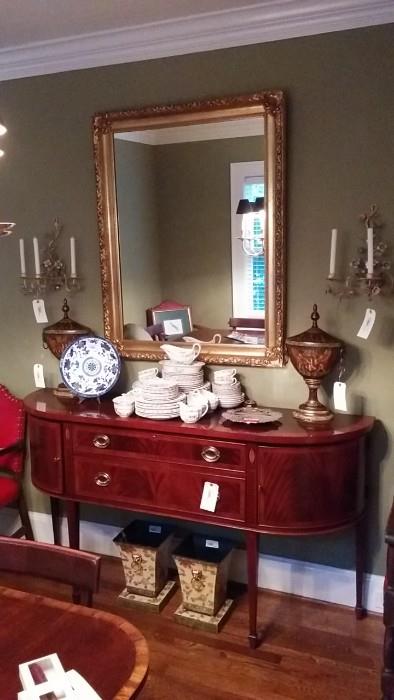 Hekman sideboard, beautiful, vintage gold-framed mirror, pair of tole planters, pair of nice decorative urns, with lids, wonderful pair of Italian tole wall sconces