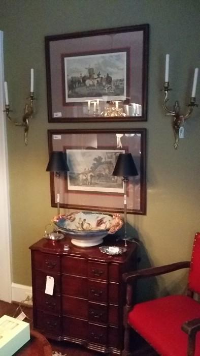 Pair of equestrian prints, candlestick lamps, pair of antique, French brass wall sconces