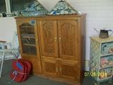 two tiffany style chandaliers and tv armoire