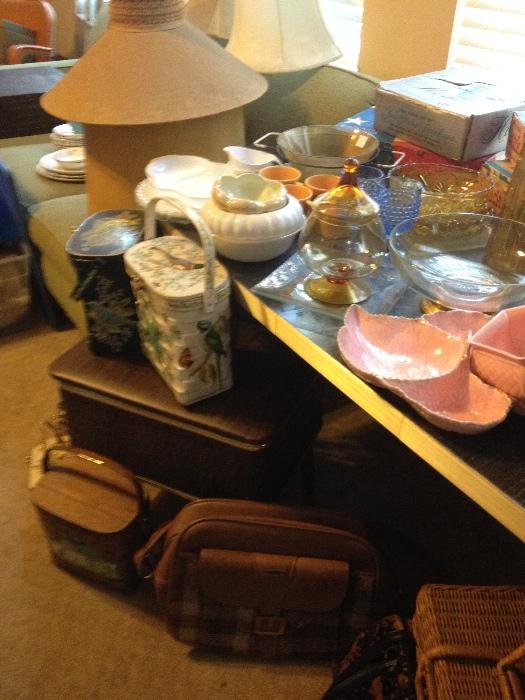 Vintage purses, picnic basket, dishes