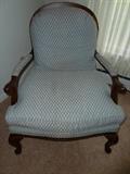 Two matching Queen Ann Chairs in light blue patterned fabric.