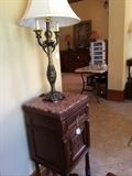 1 of 2 antique side tables (marble tops); 1 of 2 lovely matching lamps
