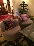2 mid-century modern swivel chairs; sq. tile coffee table 