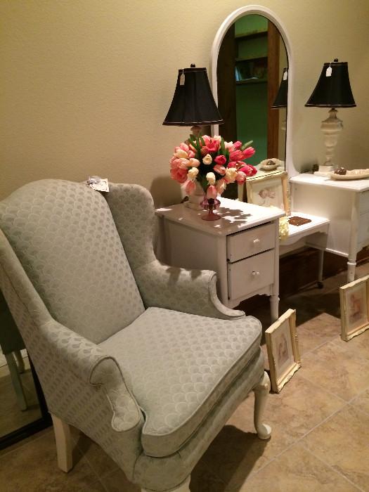 Wing back chair; antique metal white vanity; pair of marble lamps with black shades