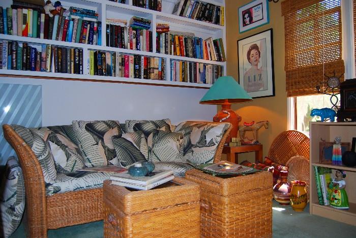 rattan sofa, storage chests, lots of books, and framed posters