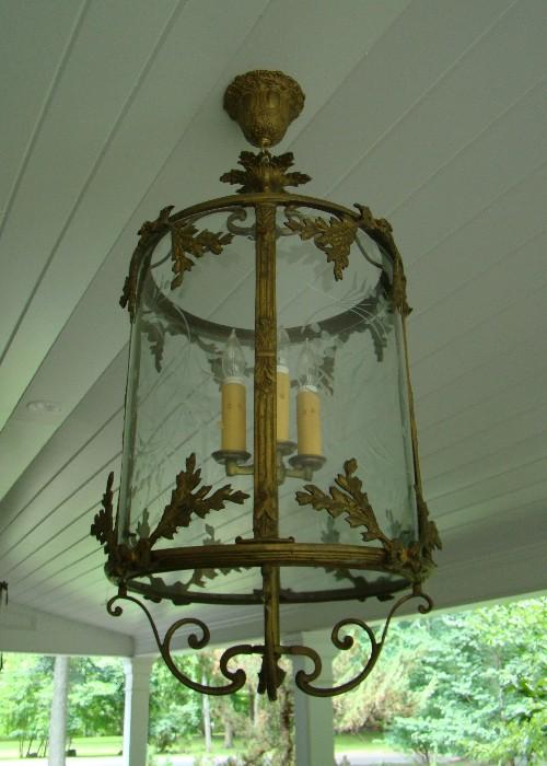 One of Pair of Brass And Etched Glass Fixtures
