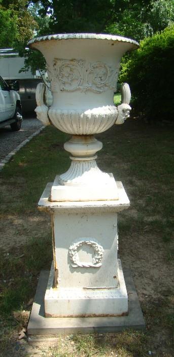Cast Iron Urn and Pedestal -One of Pair-