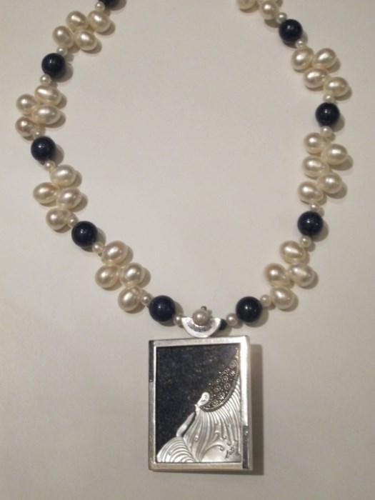 Erte “Beloved” Signed & Numbered Brooch with Tear-Drop Pearl & Lapis Lazuli Bead Necklace