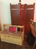 Rustic bench (opens for storage); 3 panel folding screen