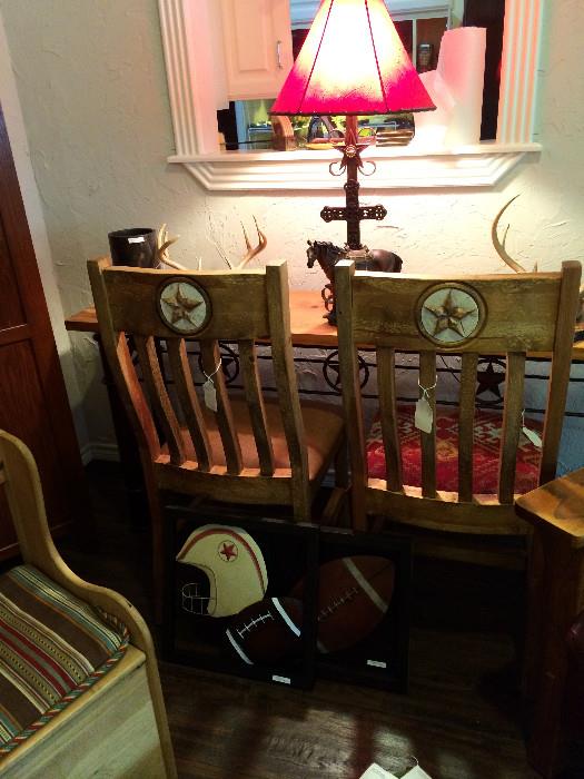 Texas sofa table; 2 Texas chairs; lamp with a red shade; deer mounts;  football decor