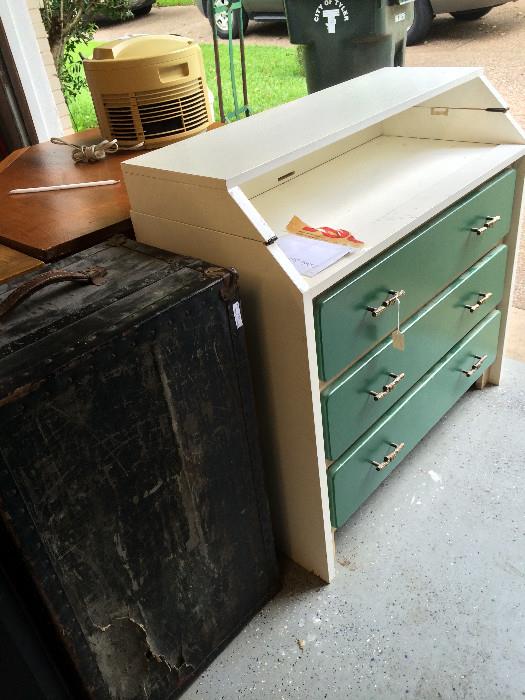        Old trunk; green & white desk (top folds out)