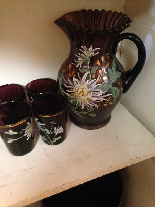 Northwood? Hand painted pitcher and 6 tumblers