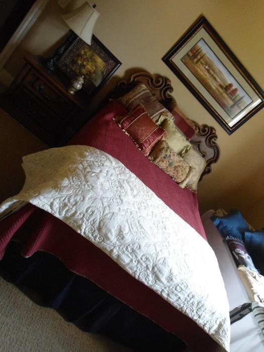 Upstairs double bed/headboard, chairs, tables, lamps, lots of spreads, pillows, sheets, etc... framed artwork.