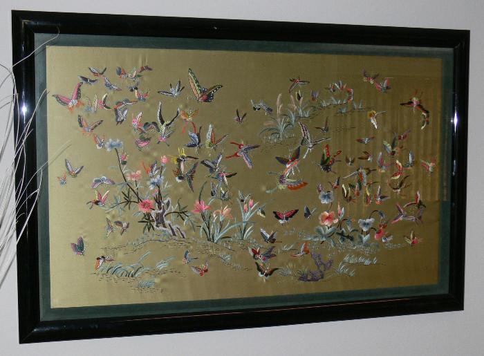 LARGE SILK EMBROIDERED BUTTERFLY TAPESTRY, FRAMED