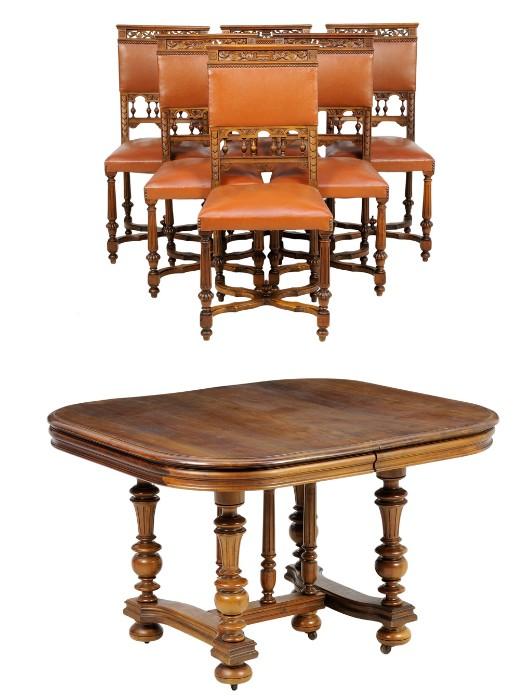 LOT 15: A RENAISSANCE REVIVAL WALNUT DINING TABLE & A SET OF SIX FARTHINGALE CHAIRS
