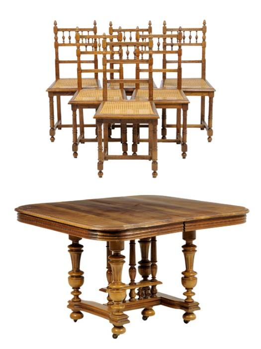 LOT 63: A SET OF SIX RENAISSANCE REVIVAL WALNUT SIDE CHAIRS AND DINING TABLE