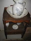 OLD IRONSTONE WASH BOWL SET ON ANTIQUE WASHSTAND
