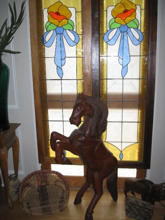 STAINED GLASS PANELS & LARGE CARVED WOOD HORSE